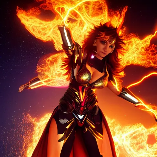 Prompt: vfx beautiful woman wearing spandex armour with flowing fire hair and glowing eyes, super hero full body action pose casting a fireball in space, volumetric lightning, highly detailed, UE5 render, art station, center of picture.
