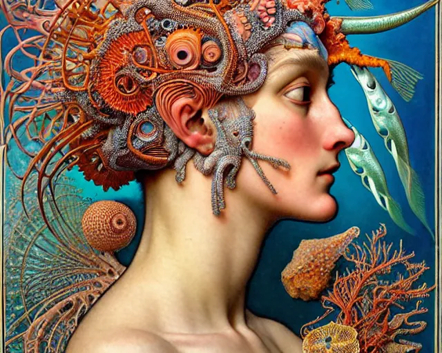 Image similar to hyperrealistic detailed face side portrait of the beautiful goddess of the fish skeletons with an intricate headgear of corals, sea kelp, sea plants, fish, starfish, jellyfish, art by ernst haeckel, john william godward, android jones, alphonso mucha, h. r. giger, gothic - cyberpunk, ornamental, beautiful deep colours,