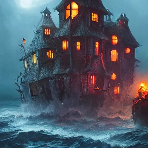 Image similar to realistic scary witches in front of a candy witch house, floating on the ocean, epic scene, fantasy, cinematic, hyper - detailed, in the style of greg rutkowski