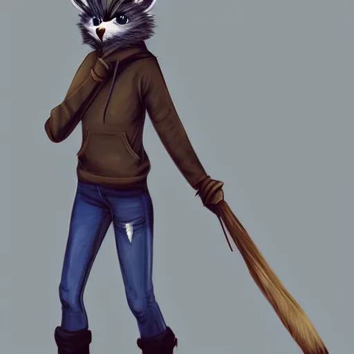 Image similar to humanoid furry!! anthro avian!!!!! fursona, bird!!!!! female!! digital art! trending on artstation! subject wearing hoodie and jeans!!