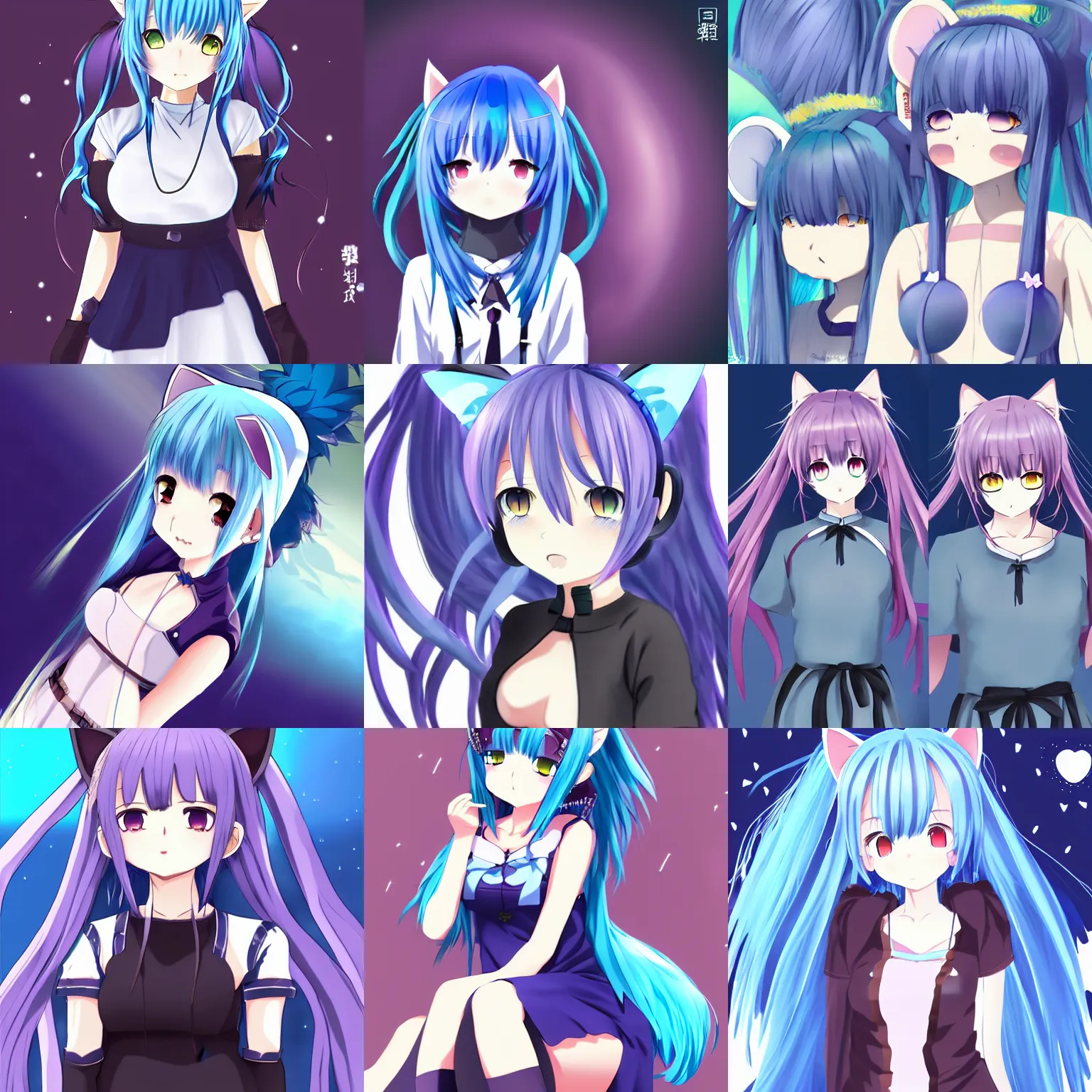 Prompt: nekopara vn modern anime style art blue hair detailed cat ears and eyes cat girl nekomimi dress vibrant nebula sky shinkai makoto Studio ghibli Sakimichan Kentaro Miura