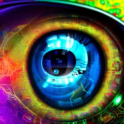 Image similar to Cybernetic Eye with intricate reflections and circuits, Close up, colorful, fantasy, vivid colors, concept art, sharp focus, digital art, Hyper-realistic, 4K, Unreal Engine, Highly Detailed, HD, Dramatic Lighting by Brom, trending on Artstation