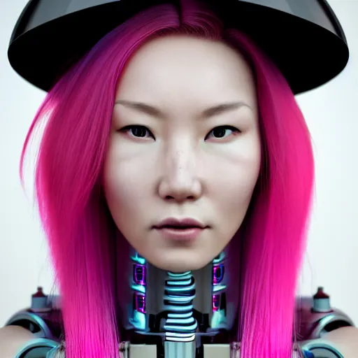 Prompt: portrait of a beautiful mongolian woman with pink hair as a cyberpunk cyborg half robot, revealing wires and electronics, hooked - up, sci - fi, missing panels, intricate abstract upper body intricate artwork, concept art, octane render, deviantart, cinematic, key art, hyperrealism, iridescent accents, portrait photograph, nikon 3 5 mm, photograph by greg rutkowski