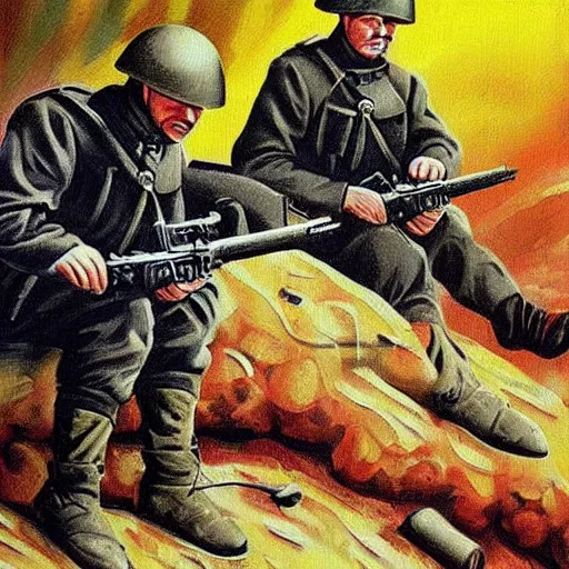 Image similar to Putin is sitting in the trenches and defending himself from Ukrainian troops, Retro futuristic painting style