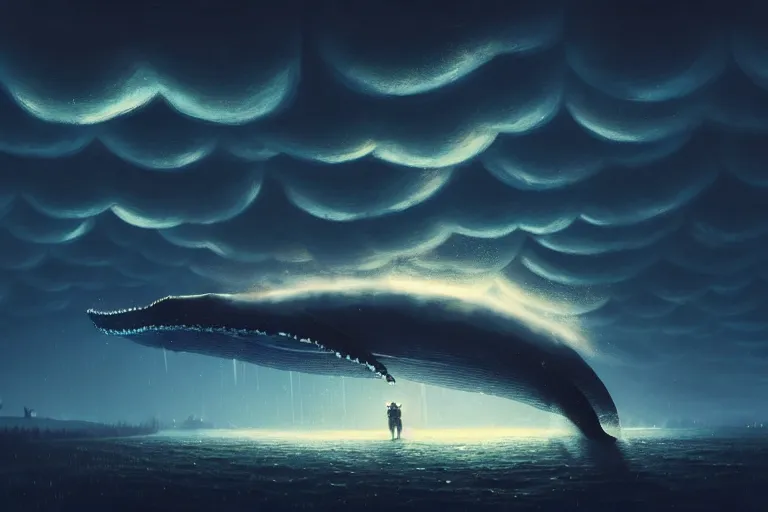 Image similar to an astronaut sitting on a giant whale with eerie mammatus clouds on the dark sky, cinematic lighting, insanely detailed, intricate, artstation, cgsociety, painted by Simon Stalenhag and Gediminas Pranckevicius, concept art, illustration, sharp focus,