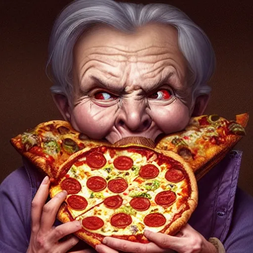 Image similar to portrait of evil grandma opening his mouth to eat pizza, highly detailed, digital painting, artstation, concept art, sharp focus, illustration, art by artgerm and greg rutkowski and alphonse mucha