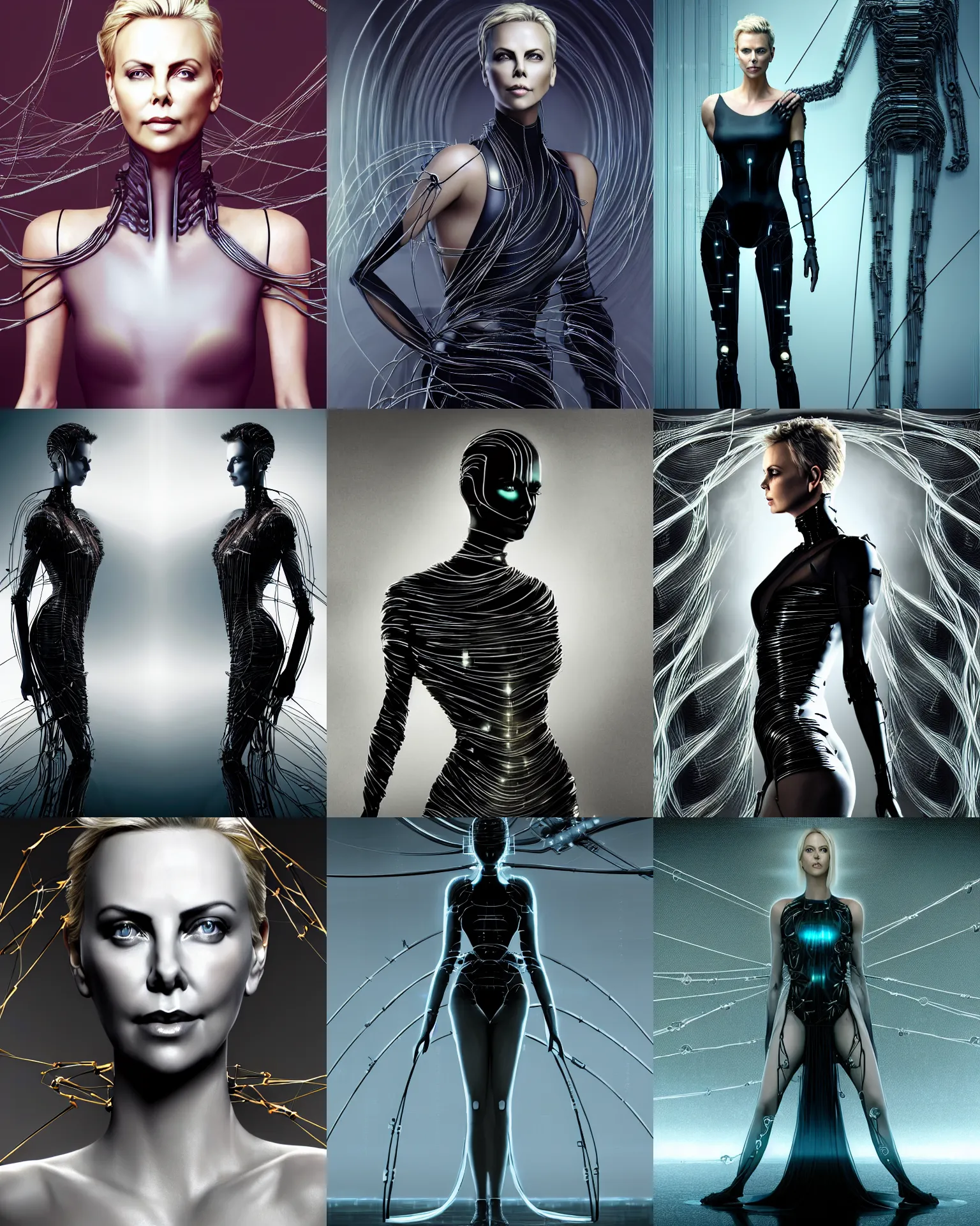 Prompt: charlize theron and charlie bowater symmetrical full body character portrait of the borg queen of sentient parasitic flowing ai, floating in a powerful zen state, avant garde supermodel, beautiful and ominous, wearing bodysuit made of wires and fractal ceramic, machinery enveloping nature in the background, artstation scifi character digital concept, unreal engine, hyper realism, sharp focus