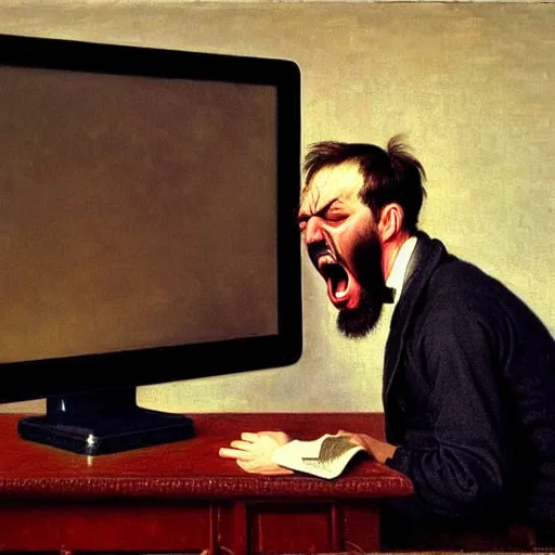 Image similar to an angry man yells at his computer monitor, oil on canvas, 1 8 8 3, highly detailed