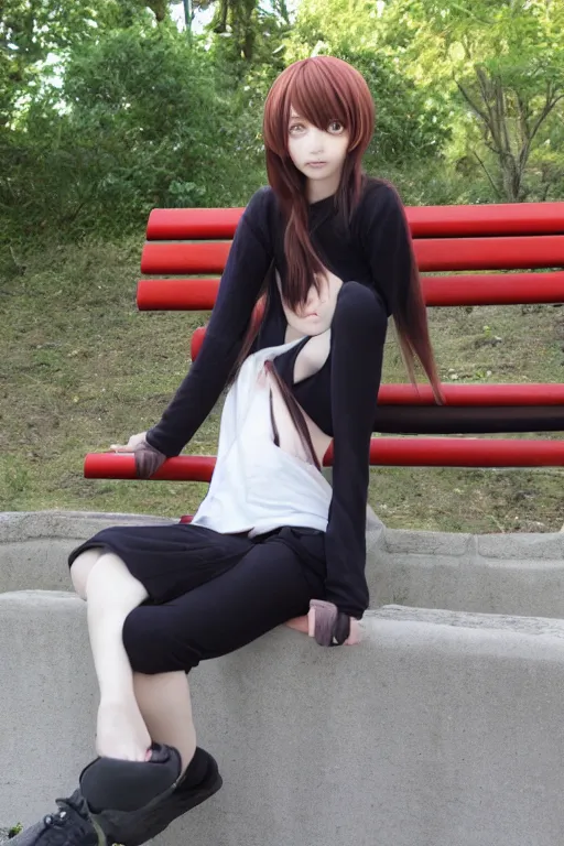 Image similar to anime girl sitting on a bench