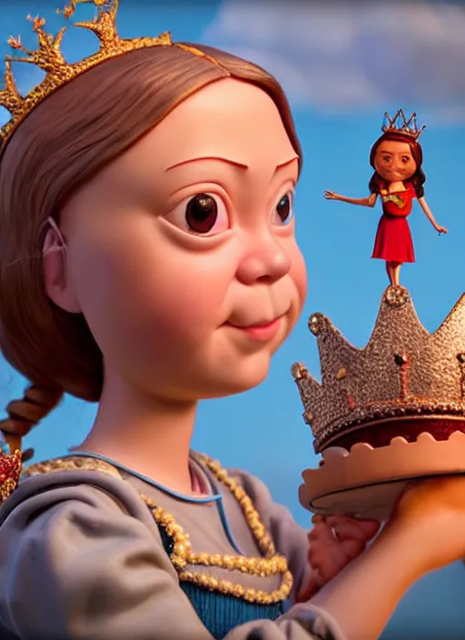 Image similar to highly detailed closeup, face profile portrait of greta thunberg as a tin toy fairytale princess wearing a crown eating cakes, bikini, unreal engine, nicoletta ceccoli, mark ryden, earl norem, lostfish, global illumination, detailed and intricate environment