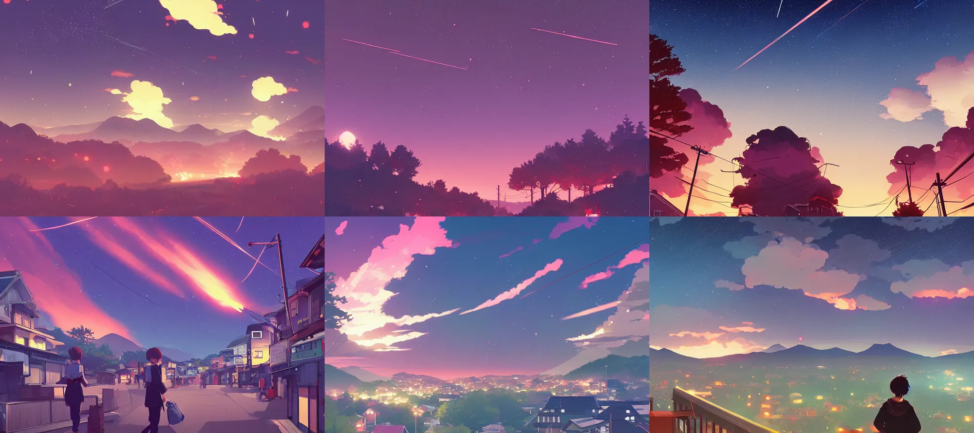 Prompt: a stunning meteor shower over a rural japanese town, incredible lighting, anime key visual, lois van baarle, ilya kuvshinov, rossdraws, artstation