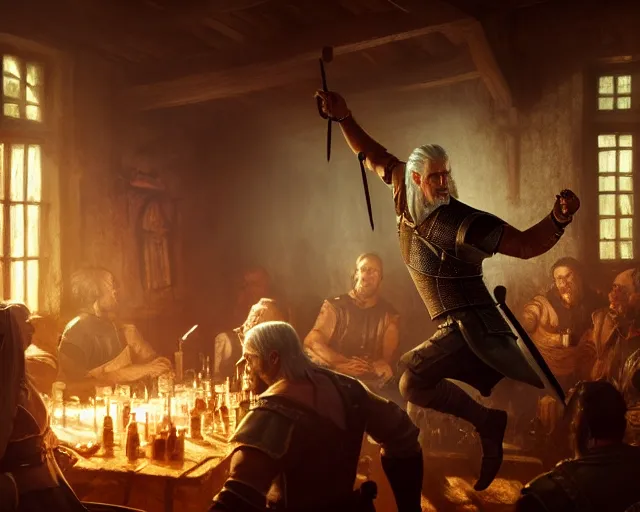 Image similar to 5 5 mm portrait photo of geralt of rivia dancing in a tavern. magical atmosphere. art by greg rutkowski. highly detailed 8 k. intricate. lifelike. soft light. nikon d 8 5 0.