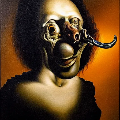 Image similar to oil painting with black background by christian rex van dali todd schorr of a chiaroscuro portrait of an extremely bizarre disturbing mutated man with acne intense chiaroscuro obscuring features lighting perfect composition masterpiece