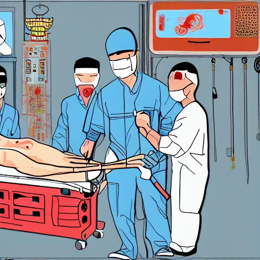 Image similar to chinese surgeons operating on a body on an operating table, in the style of daniel johnston and outsider art and spirited away, 8k, line brush, minimal, overlaid with chinese adverts