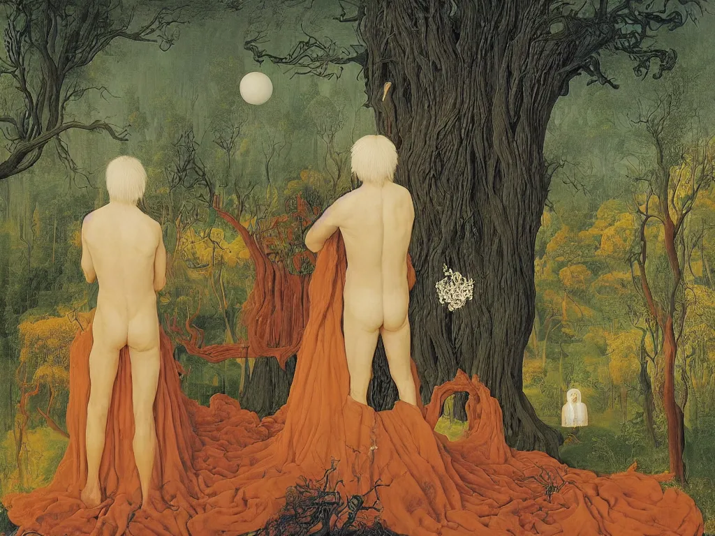 Image similar to albino mystic, with his back turned, with exotic beautiful chrysanthemum looking at a giant Sequoia forest burning with fire in the distance. Painting by Jan van Eyck, Audubon, Rene Magritte, Agnes Pelton, Max Ernst, Walton Ford