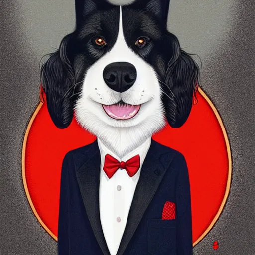 Image similar to portrait illustration of funny dog in the white tuxedo and red tie by jeremiah ketner, quint buchholz, wlop, dan mumford