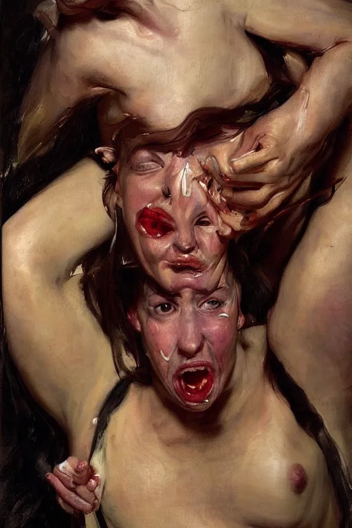 Image similar to a woman enraged, part by Jenny Saville, part by John Singer Sargent