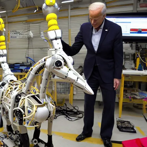 Image similar to robot giraffe being worked on by scientists joe biden