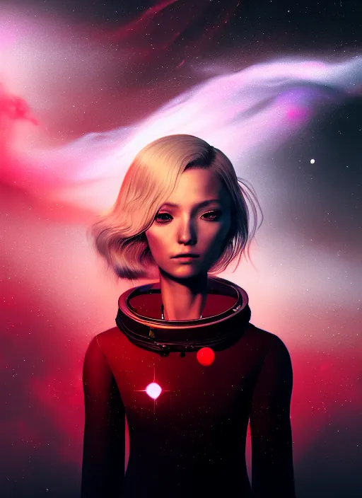 Prompt: highly detailed portrait of a hopeful pretty astronaut lady with a wavy blonde hair, by Kim Keever , 4k resolution, nier:automata inspired, bravely default inspired, vibrant but dreary but upflifting red, black and white color scheme!!! ((Space nebula background))