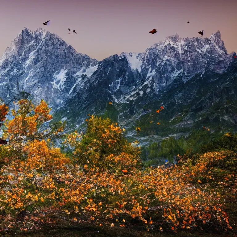 Image similar to a beautiful awesome artistic tree with falling flowers like leaves and many birds, all in the amazing outdoors view, mountain in the background, lake, long exposure, 8 k resolution, trending on artstation