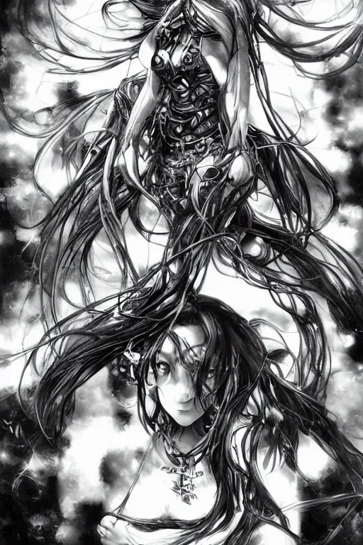 Image similar to a vertical portrait of a character in a scenic environment by Yoshitaka Amano, black and white, dreamy, cybernetic suit, wavy long black hair, highly detailed