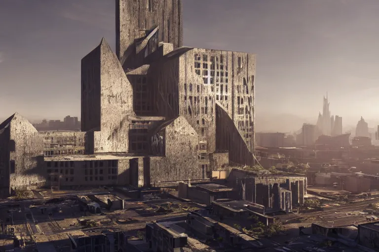 Image similar to extremely detailed cathedral of brutalist architecture, buildings covered with greebles, stunning volumetric light, sunset, metal, concrete and translucent material, stunning skies, majestic landscape, trending on Artstation, 8k, photorealistic, hyper detailed, unreal engine 5, IMAX quality, cinematic, epic lighting, in the style of Greg Rutkowski