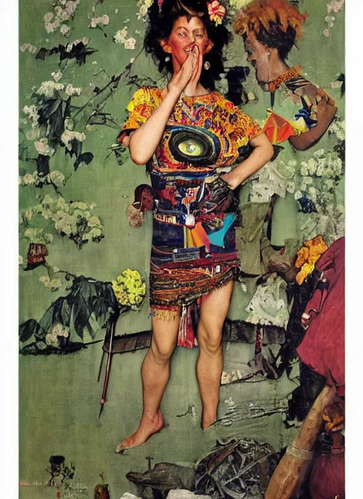 Prompt: a 1 9 6 0 portrait by norman rockwell of a hippie gogo woman ultra defined features wearing a cargo weeding dress designed by balenciaga