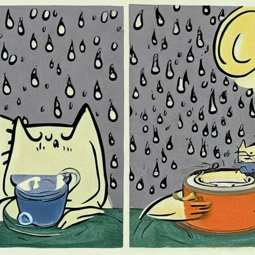 Prompt: cats drinking coffee, amongst coffee bean rain, illustrated in styles of Maurice Sendak, Tove Jansson