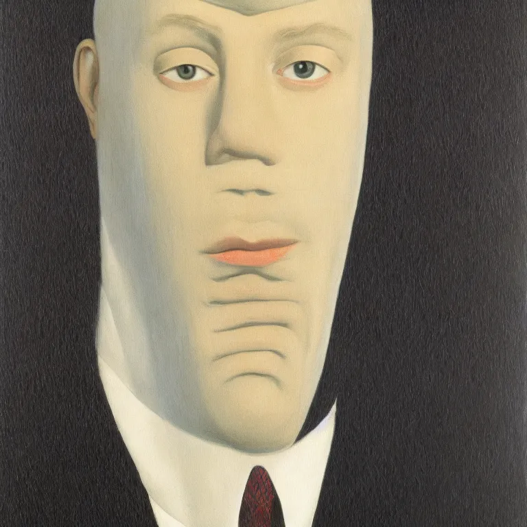 Prompt: portrait of a faceless hooded man in a suit by rene magritte, detailed painting, distance, centered, hd, hq, high resolution, high detail, 4 k, 8 k
