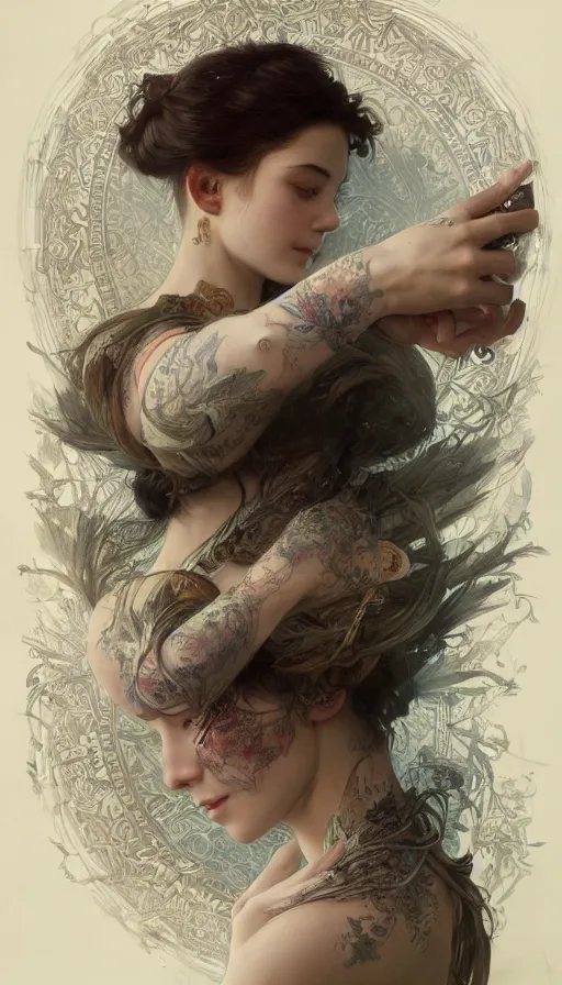 Image similar to pillow book, writing on skin, insane, intricate, highly detailed, digital painting, artstation, concept art, smooth, sharp focus, illustration, Unreal Engine 5, 8K, art by artgerm and greg rutkowski and alphonse mucha