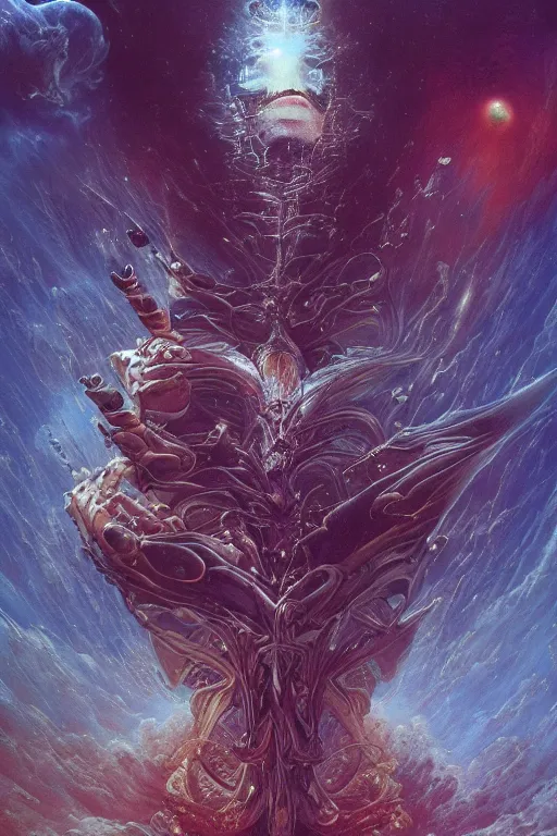 Image similar to now is the time to relaunch the dream weapon, by artgerm and yoshitaka amano and moebius and hr giger and zdislaw beksinski, hyperdetailed, surreal, dc comics, ornate, stunning, nebula, explosions in the sky, trending on artstation