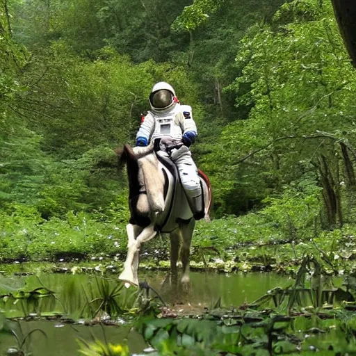 Image similar to a photo of an astronaut riding a horse in the forest. there is a river in front of them with water lilies