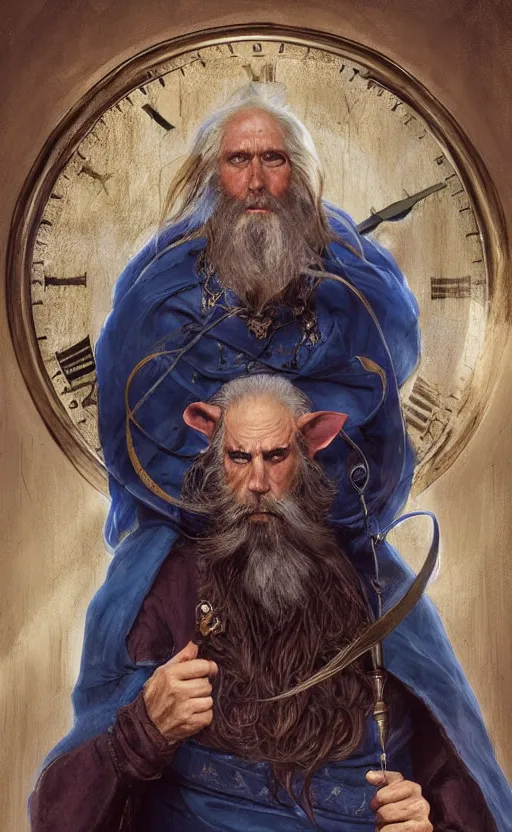 Image similar to portrait of a middle aged elf with a long beard, dressed in a blue cloak with clock iconography, brown hair, raised hand, detailed face, fantasy, highly detailed, cinematic lighting, digital art painting by greg rutkowski