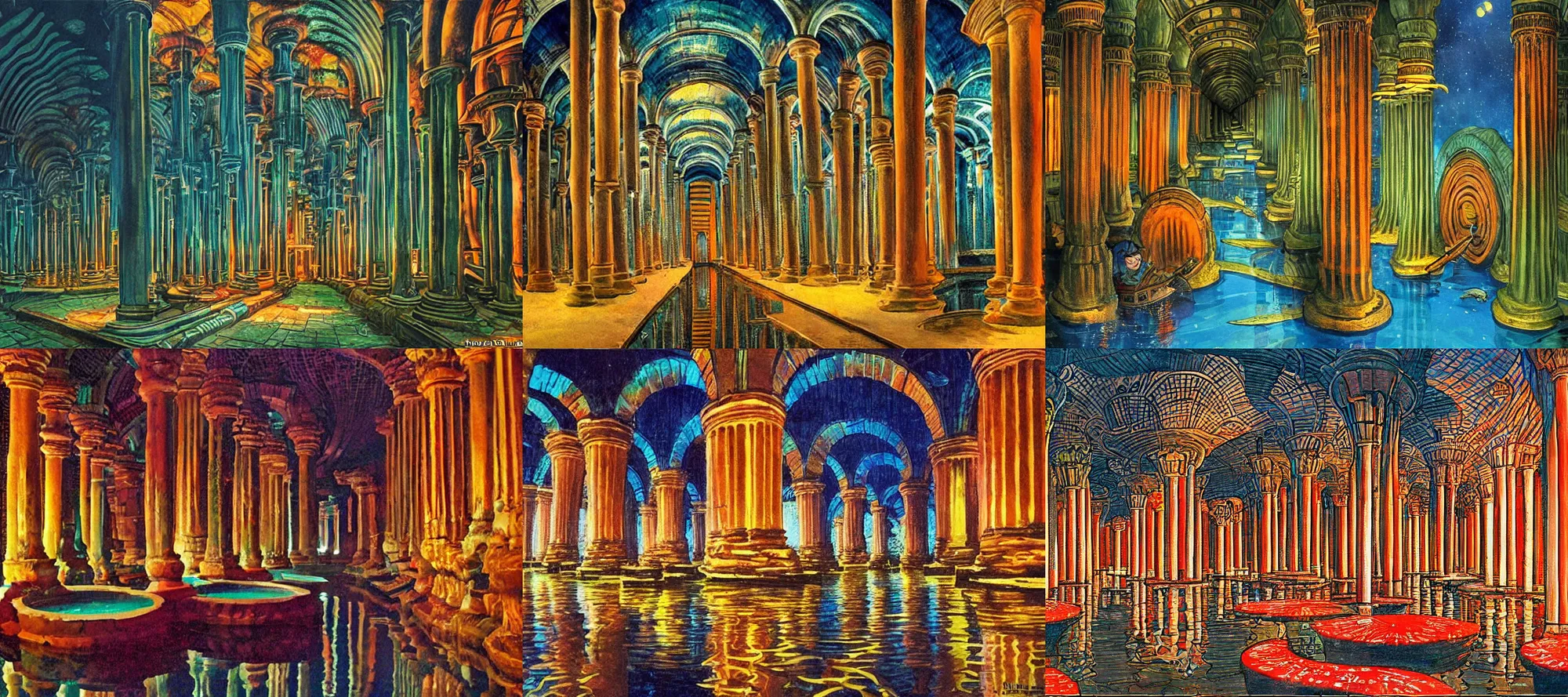 Prompt: basilica cistern in the style of dr. seuss, starships, painting by brothers hildebrandt