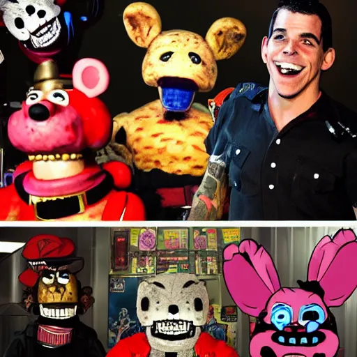 Prompt: American entertainer and stuntman Steve-O positioning himself as a night guard at Freddy Fazbear's Pizza surrounded by Freddy Fazbear, Chica The Chicken, Bonnie The Bunny, and Foxy The Pirate from the indie horror video game Five Nights at Freddy's