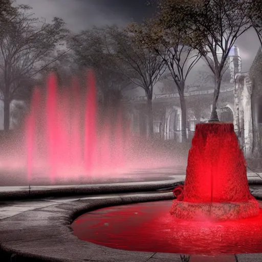 Image similar to a huge fountain using blood instead of water, dark haunted creatures in background. Horror, scary, digital art, realistic, detailed, 8k