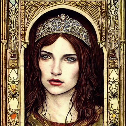 Image similar to detailed realistic beautiful young medieval queen face portrait by tony diterlizzi, art nouveau, symbolist, visionary, gothic, pre - raphaelite