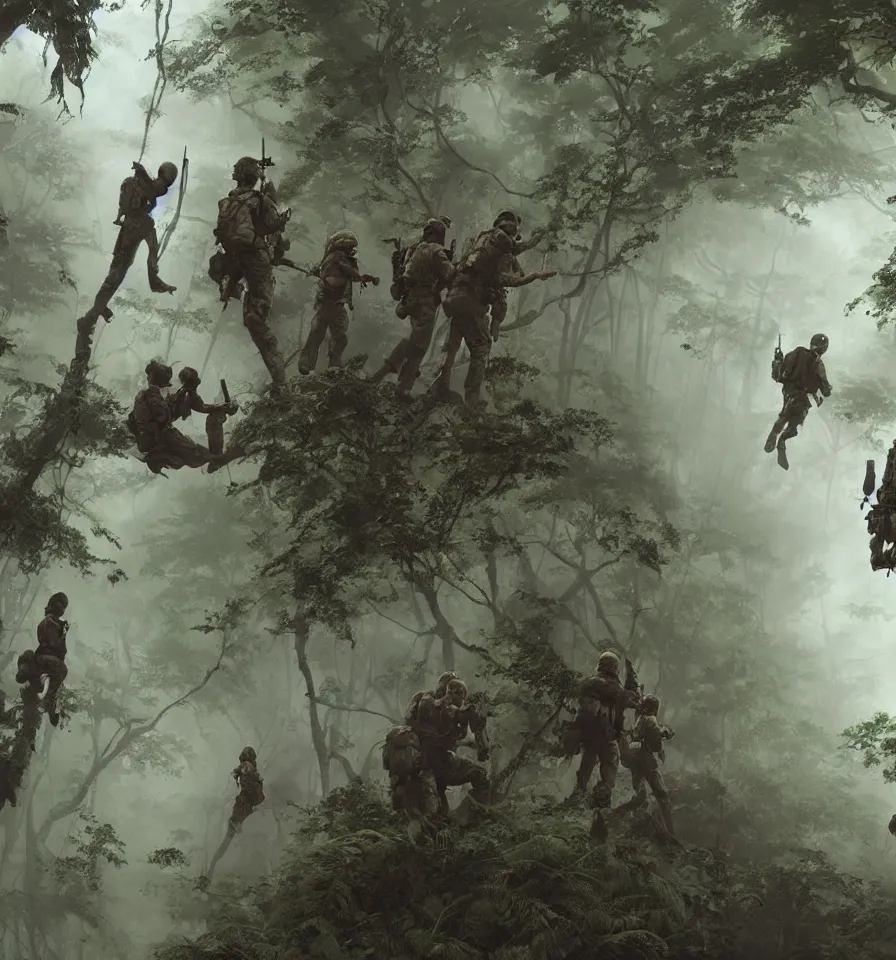 Image similar to A picture of a special forces team consisting of Mel Gibson, Tuesday Weld, James Caan, Don Johnson, Dieter Meier and Rebecca de Mornay professionally working together to find out a way of a dense and foggy rainforest. A detailed and realistic Illustration made by Greg Rutkowski, Peter Elson, Bruce Pennington and Michael Whelan using state of the art painting equipment.