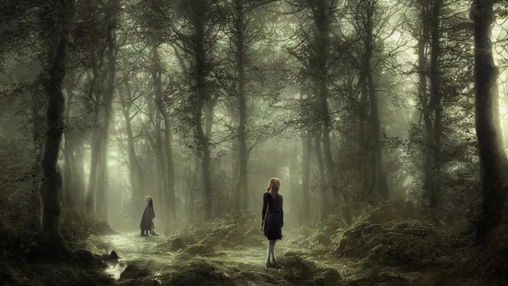 Prompt: eleanor tomlinson in the dark forest. andreas achenbach, artgerm, mikko lagerstedt, zack snyder, tokujin yoshioka