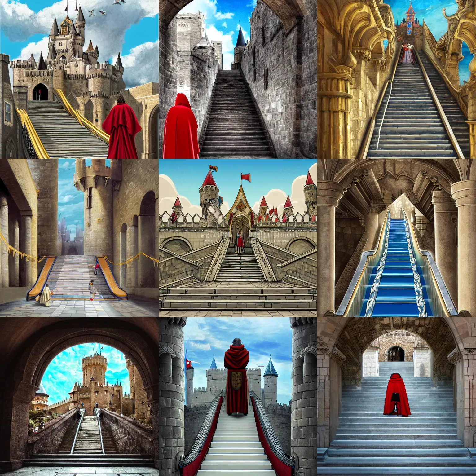 Prompt: Wide angle view of a medieval king in regal robes facing the viewer, coming down a small, subway-style rubber escalator (moving staircase), to the castle courtyard, late morning, blue sky, fluffy white clouds, high vantage point, anachronistic fantasy, digital art oil painting, trending on artstation, 4k