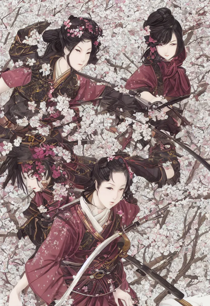 Image similar to fighting scene from a far of steampunk girl samurai with swords and tachi and bow and arrow and armor and rifle and cross bow combat pose in snow forest sakura cherry blossom swan hakama kimono trending on artstation takato yamamoto krenz cushart