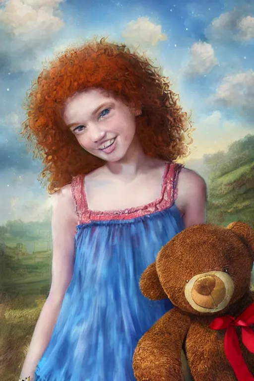 Prompt: a digital matte painting of an young beautiful face girl, with curly red hair, freckles, blue frilly dress holding teddy bear, by magali villeneuve