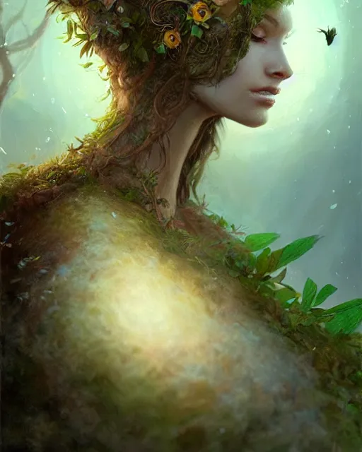 Image similar to dryad, perfect face, accompanied by a cute feathered mouse cinematic, stunning, highly detailed, digital painting, artstation, smooth, hard focus, illustration, art by jessica rossier and brian froud