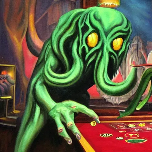 Image similar to cthulhu playing in a casino, realistic painting