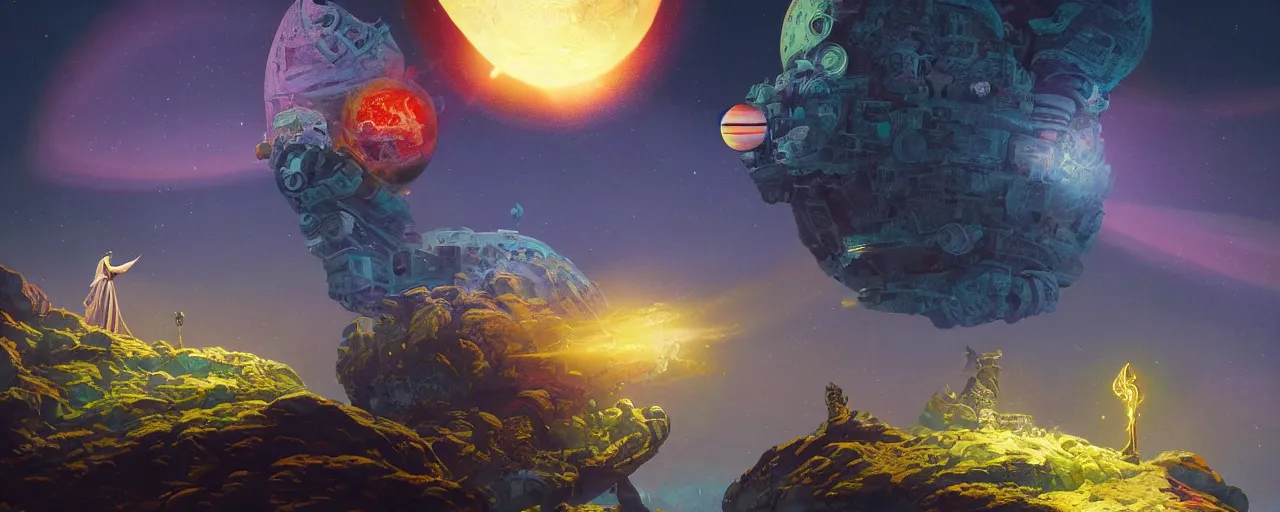 Prompt: ” outer planet with a pedestal and a winged statue on it holding a glowing orb, [ shards, facets, by paul lehr, cinematic, detailed, epic, widescreen, opening, establishing, mattepainting, photorealistic, realistic textures, octane render ] ”