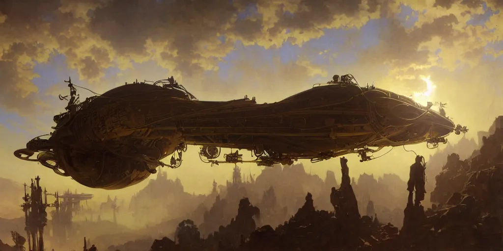 Prompt: a steampunk airship emerges over the horizon of an alien planet, artwork by alphonse mucha, darek zabrocki, dramatic lighting, long shadows, brushstrokes, paper texture.