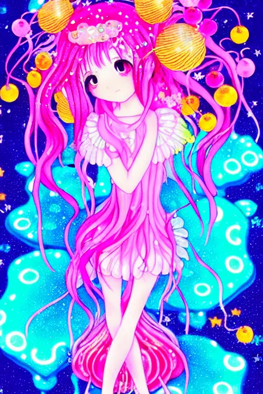 Prompt: jellyfish fairy princess in the streets of japan, chibi cute anime scenery | a concept of melancholic euphoric heartshine in the crush of oblivion. the vibrancy of nouveau is gilded with hollow - wishes. trending on artstation. vivid neon ink painting.