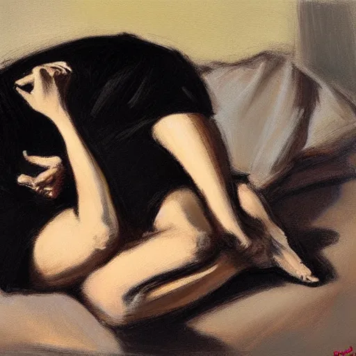 Image similar to a dark haired woman wearing a black dress, on a bed. by fabian perez