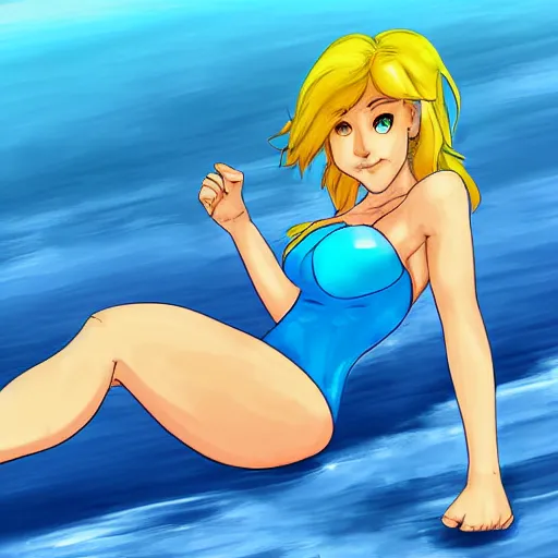 Image similar to Samus Aran from Metroid in a light-blue bikini sunbathing on the beach, digital art