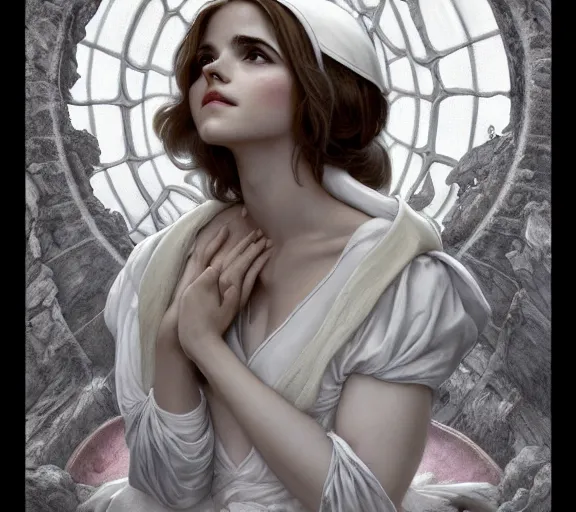 Prompt: photography of a pope kissing emma watson, she has hands - up and hairy armpits, deep focus, intricate, elegant, highly detailed, digital painting, artstation, concept art, matte, sharp focus, illustration, art by artgerm and greg rutkowski and alphonse mucha and gil elvgren